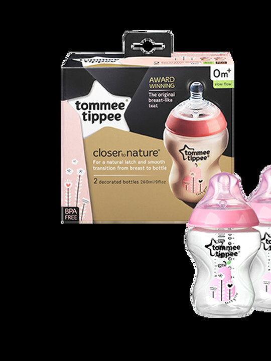 Tommee Tippee Closer to Nature 2x260ml Easi-Vent BPA free Decorative Feeding Bottles - Pink image number 1